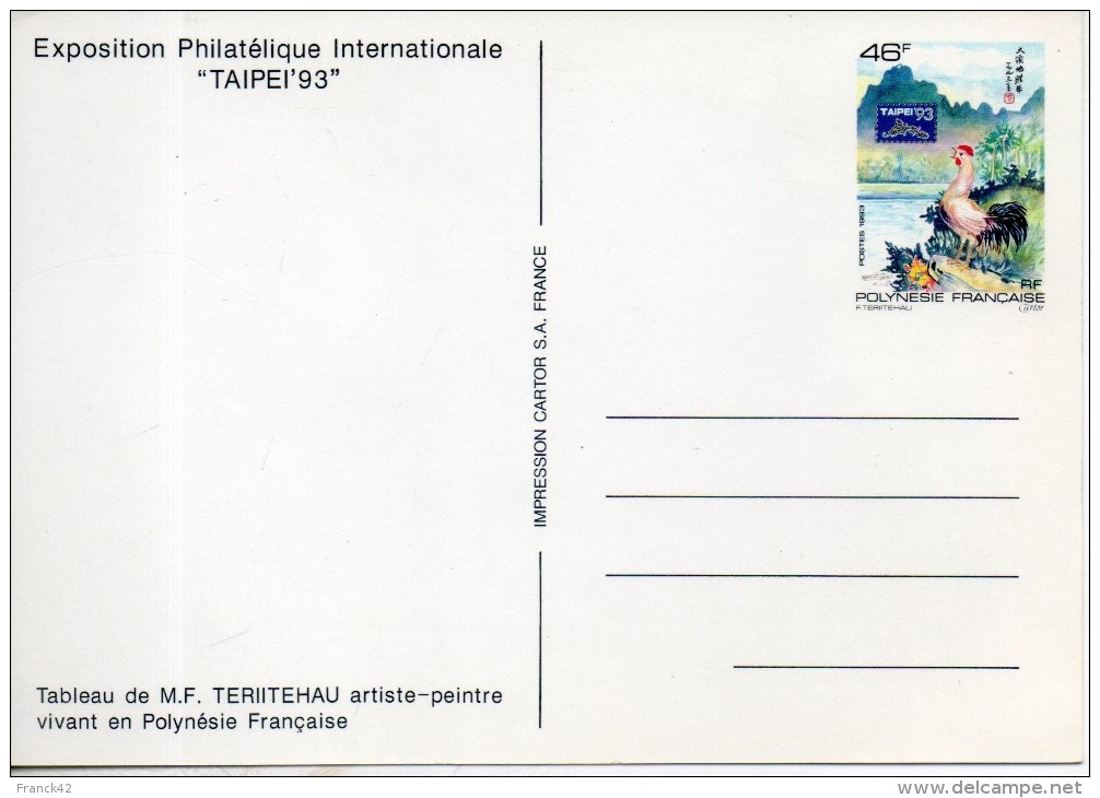 Polynésie Française. Entier Postal. Taipei 93. Exposition Philatélique Internationale à Formose - Interi Postali