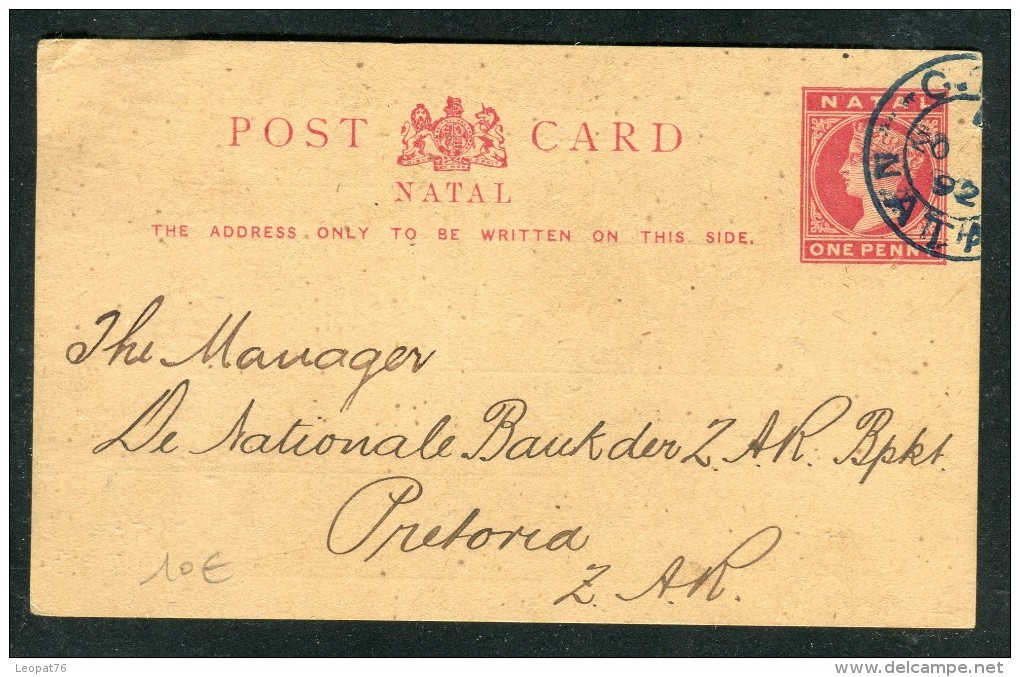 Grande Bretagne / Natal - Entier Postal Commercial De Pietermarisbourg Pour Prétoria En 1892    Réf O 144 - Natal (1857-1909)