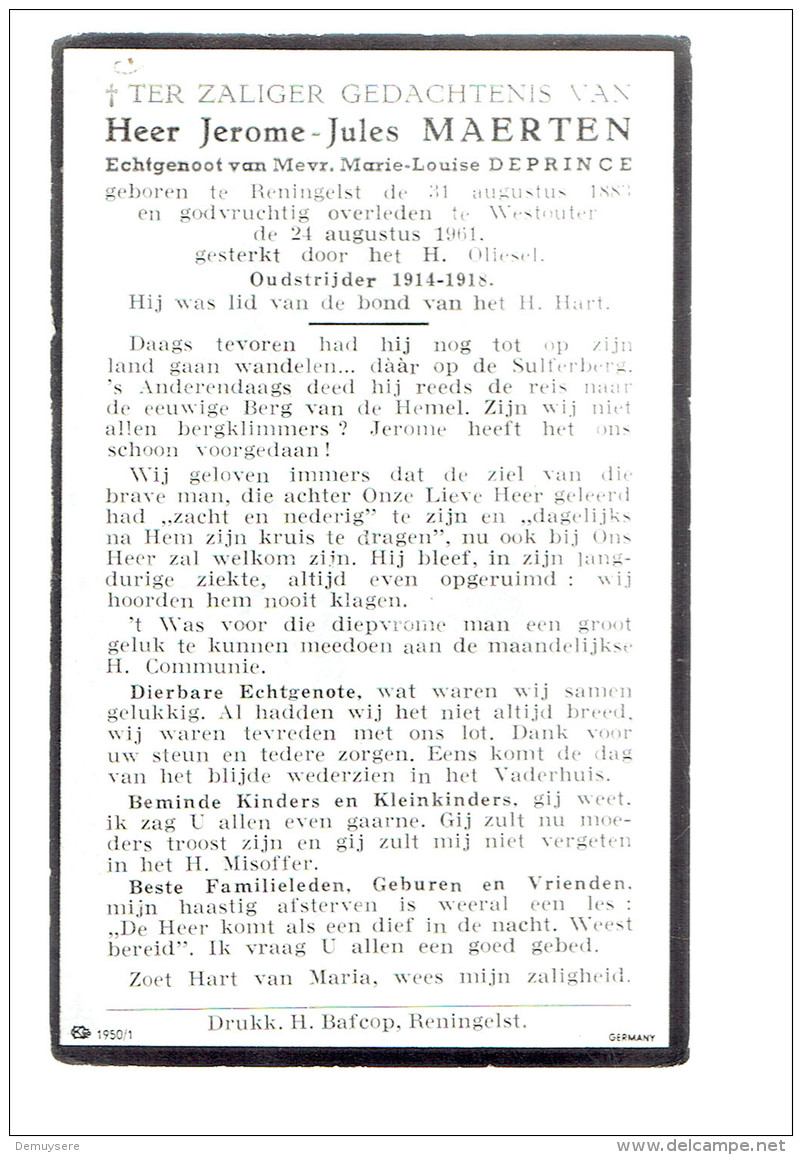 1803 JEROME MAERTEN RENINGELST 1883 + WESTOUTER 1961 OUDSTRIJDE 1914-1918 - Images Religieuses