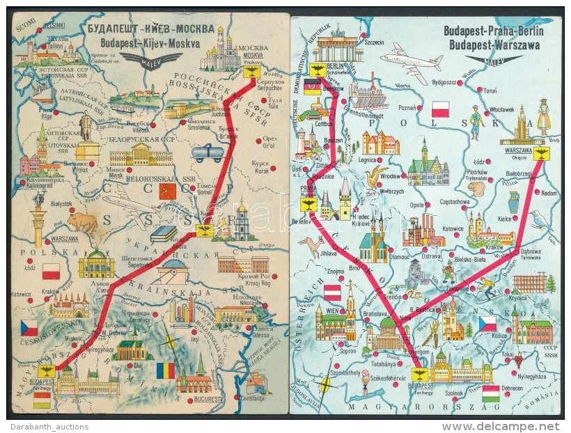 ** 5 Db MODERN MALÉV Térképes Reklám Képeslap / 5 MODERN Hungarian Airlines... - Non Classés