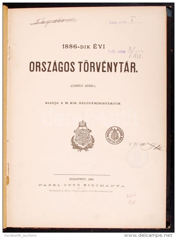 1886-dik évi Országos Törvénytár Bp., 1886 Igazságügy... - Non Classés