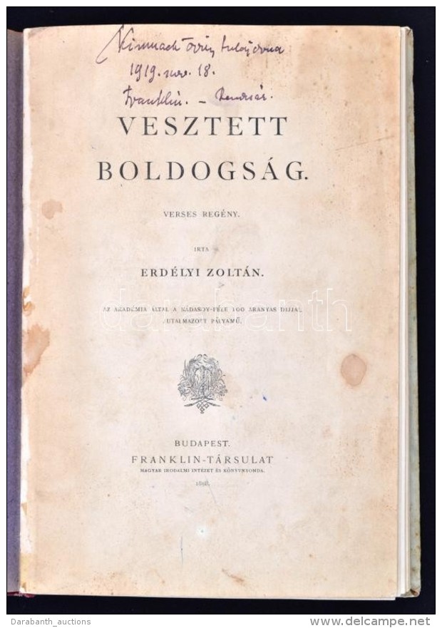 Erdélyi Zoltán: Vesztett Boldogság. Verses Regény. Bp., 1901, Franklin-Társulat.... - Non Classés