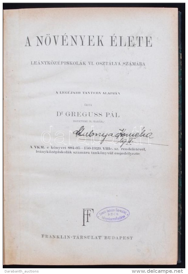 Dr. Greguss Pál: A Növények élete. 237 Rajzzal. Bp, 1929, Franklin. 205 P. Korabeli... - Sin Clasificación