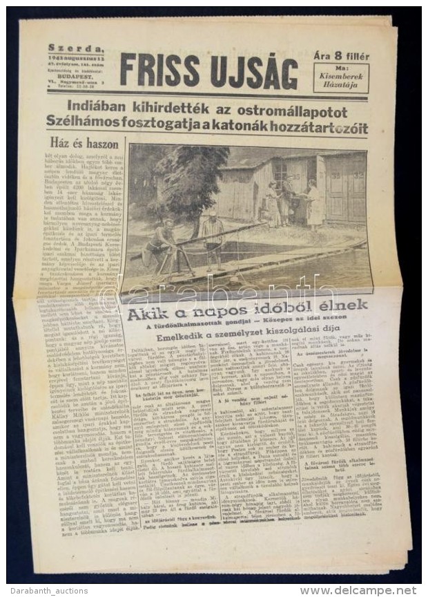 1942 A Friss Újság 47. évfolyamának 182. Száma, Benne Az Indiai... - Non Classés