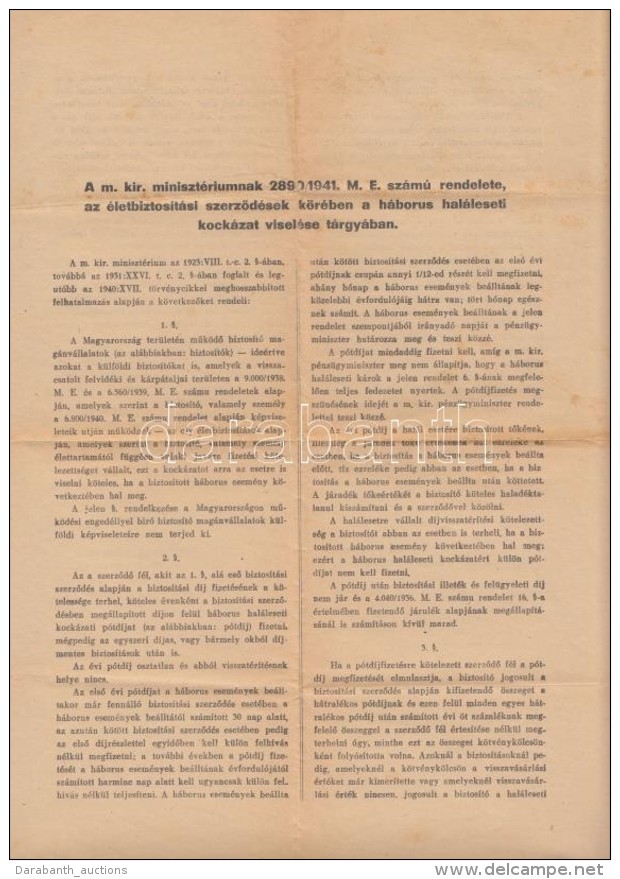 1941  Bárdossy László Miniszterelnöki Rendelete (2890/1941. M. E. Sz.) Az... - Non Classés