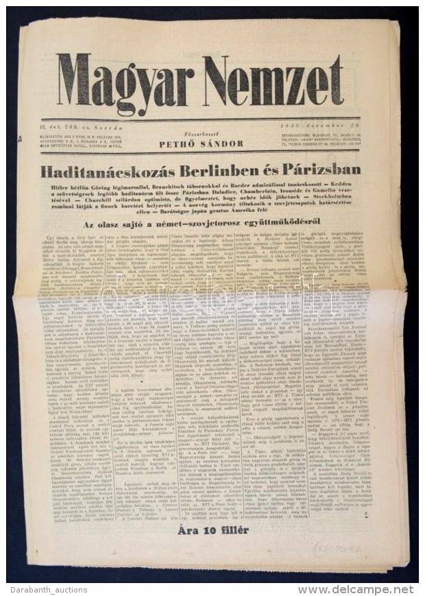 1939  A Magyar Nemzet II. évfolyamának Augusztus 288. Száma, Berlini és Párizsi... - Non Classés