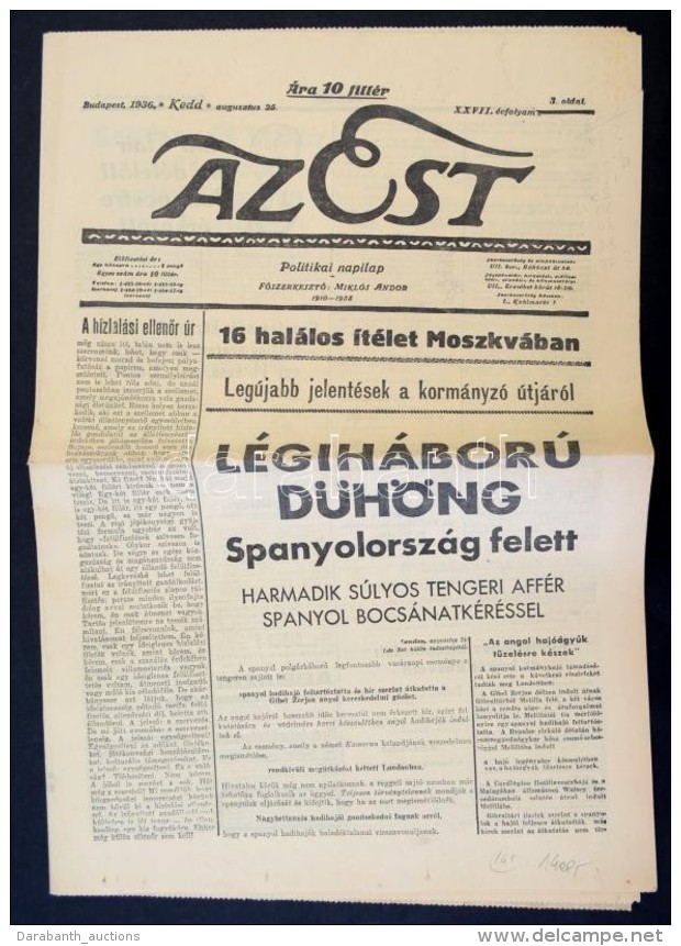 1936  Az Est XXVII. évfolyamának Augusztus 25-iki Száma, Sarkán Kis Hiánnyal - Non Classés