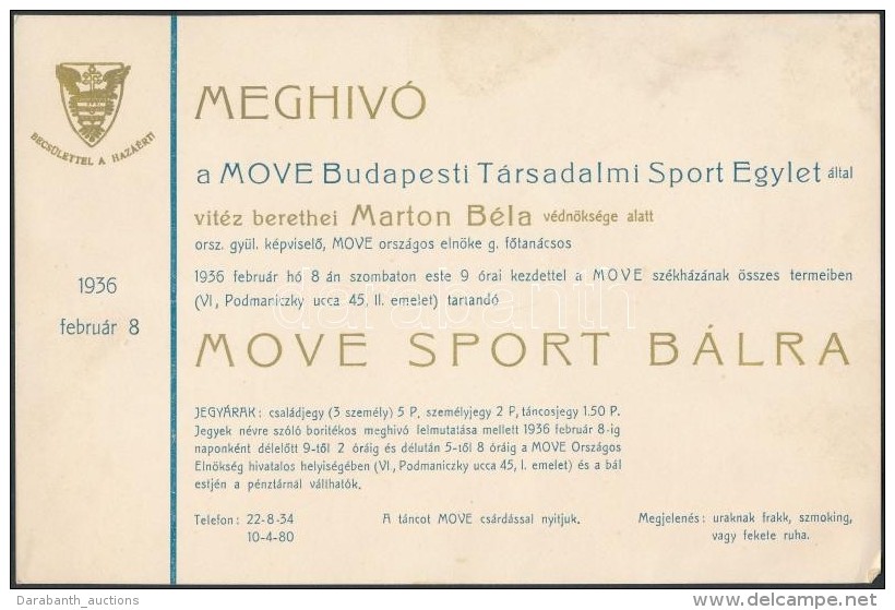 1936 'Becsülettel A Hazáért!' Meghívó A MOVE Budapesti Társadalmi Sport... - Non Classés