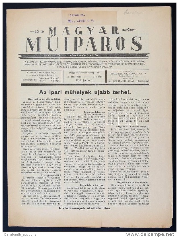 1927 A Magyar MÅ±iparos II. évfolyamának 4. Száma, Címlapon Az Ipari MÅ±helyekrÅ‘l... - Non Classificati