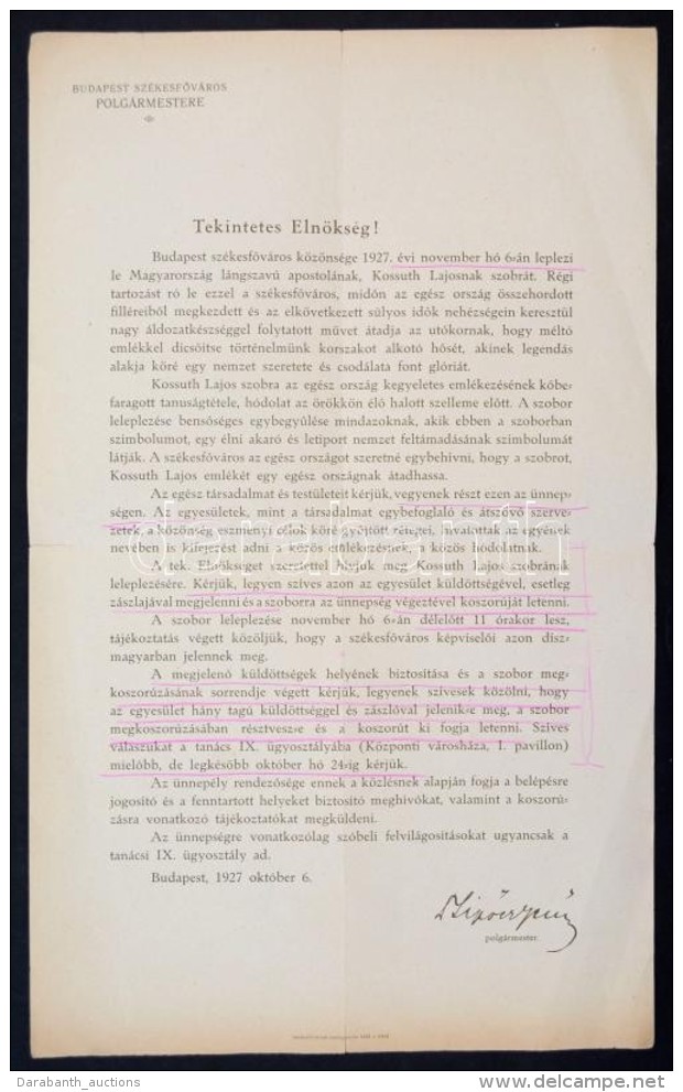 1927  A Kossuth Téri Kossuth Szobor Avatására Szóló Polgármesteri... - Non Classés