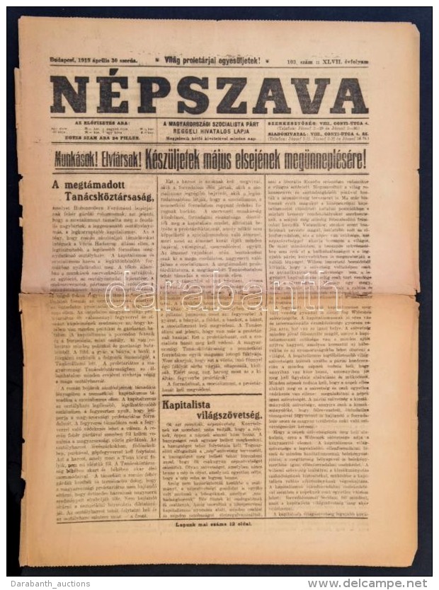 1919 A Népszava április 30. Száma A Tanácsköztársaság... - Non Classés
