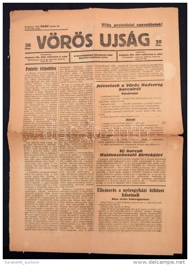 1919 A Vörös Újság április 29. Száma A... - Non Classés