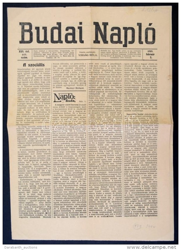 1919 A Budai Napló XVI. évfolyam 611. Száma - Non Classés