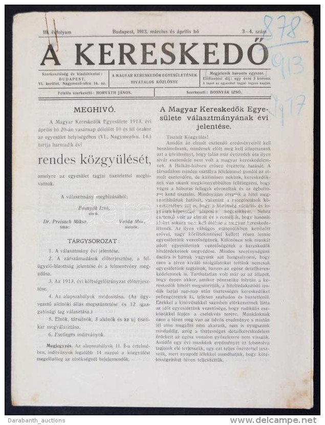 1913 A KereskedÅ‘, A Magyar KereskedÅ‘k Egyesületének Hivatalos Közlönye III.... - Non Classés