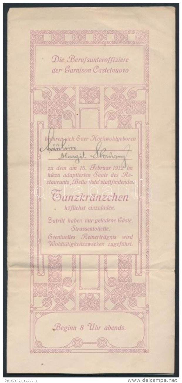 1912 Garnison Castelnuovo Szecessziós Táncmulatsági Meghívó, 23x11cm/ 1912 Art... - Non Classés