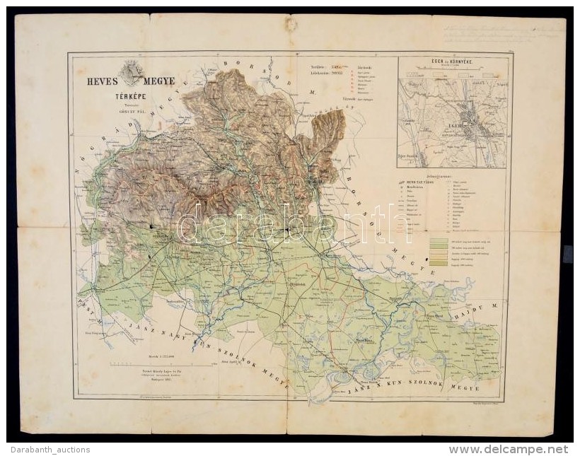 1881 Heves Megye Térképe,  1:225.000, Rajzolta Kogutowicz Manó, Tervezte Gönczy... - Autres & Non Classés