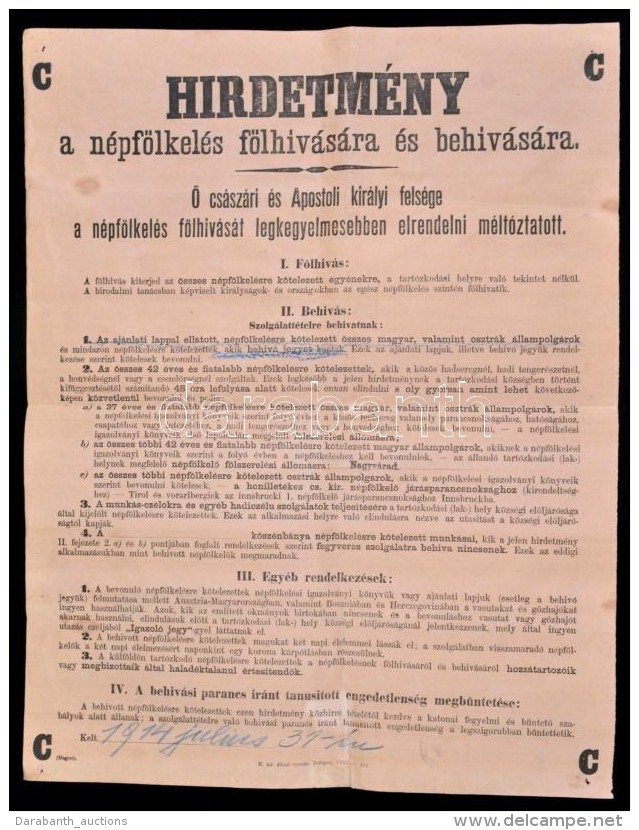1914 Ferenc József Hirdetménye A Népfölkelés Fölhívására... - Autres & Non Classés