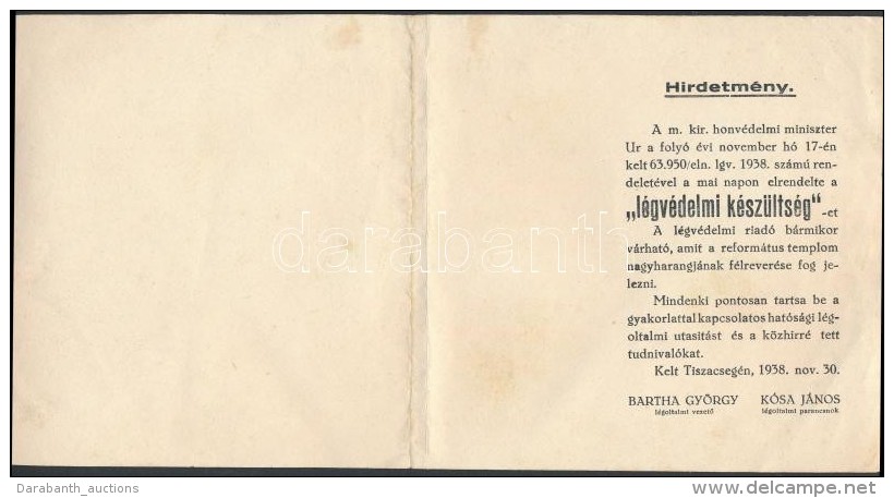 1938 Tiszacsege, Légvédelmi KészültségrÅ‘l Szóló Hirdetmény,... - Autres & Non Classés