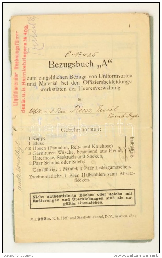 1918 Osztrák-magyar Vasúti Tiszt Ruhakönyve / Eisenbahnregiment Bezugsbuch Zum Entgeltlichen... - Other & Unclassified