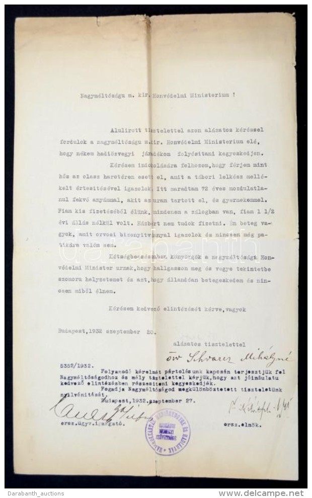 1932 Hadiözvegy Folyamodó Kérelme Rajta Hivatalos Feljegyzésekkel - Autres & Non Classés