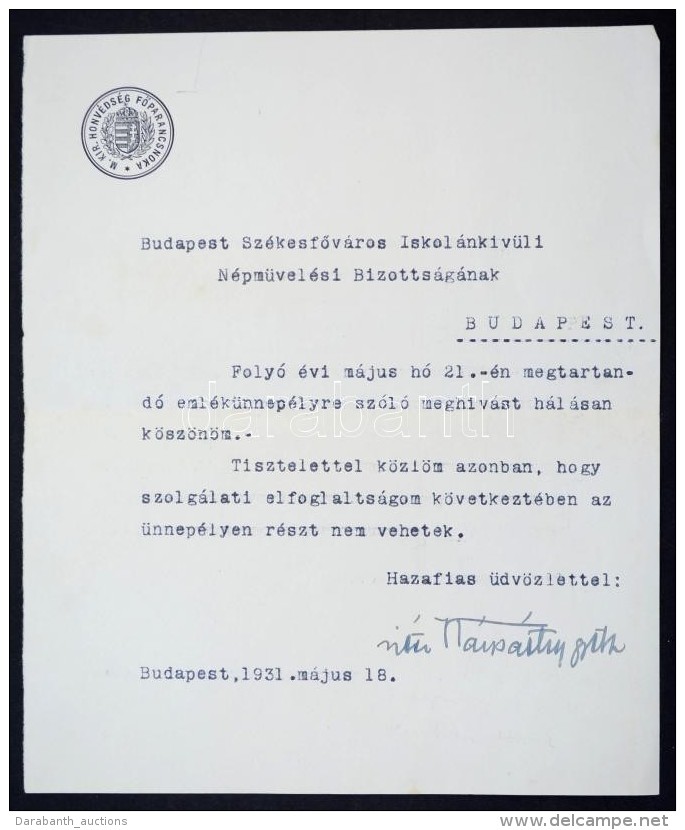 1931 A Honvédség FÅ‘parancsnokának, Vitéz Kárpáthy Kamillónak... - Otros & Sin Clasificación