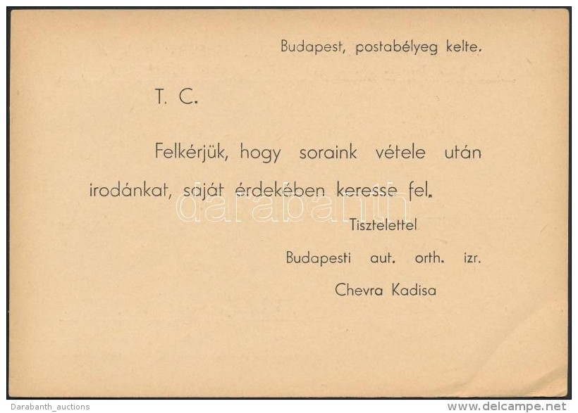 1944 A Budapesti Chevra Kadisa LevelezÅ‘lapja, Melyben Kéri Hogy A Címzett Saját... - Altri & Non Classificati