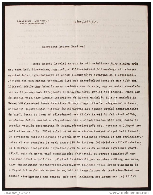 1927 Lábán Antal(1884-1957) A Bécsi Collegium Hungaricum Igazgatójának Levele... - Autres & Non Classés