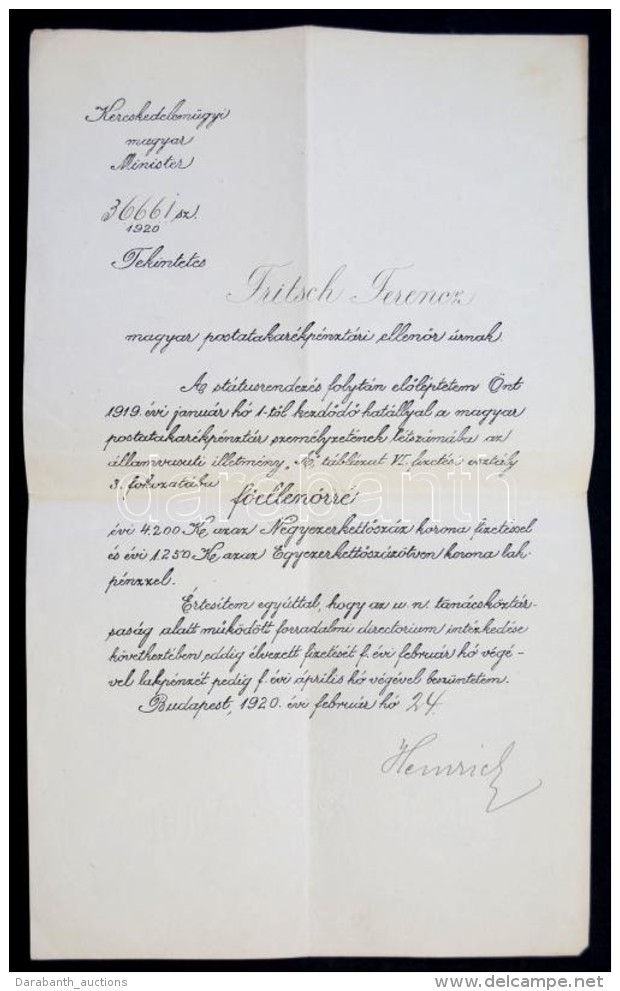 1920 Heinrich Ferenc Kereskedelemügyi Miniszter Saját Kézzel Aláírt Levele - Autres & Non Classés