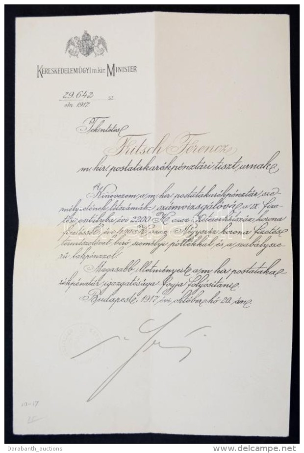 1917 Serényi Béla Kereskedelemügyi Miniszter által Aláírt Kinevezési... - Autres & Non Classés