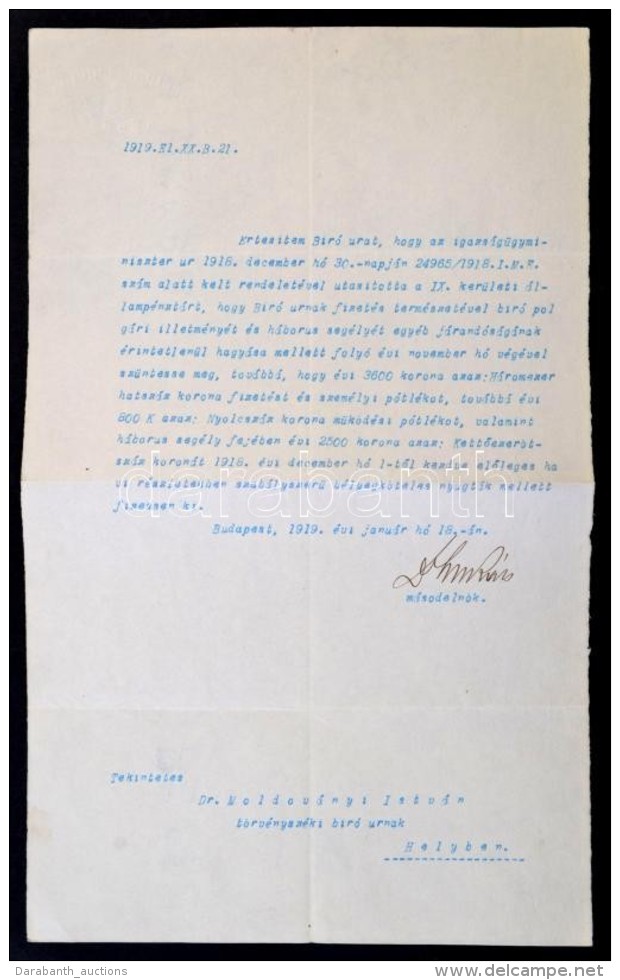 1919 A Budapesti Törvényszék Másodelnökének Gépelt,... - Sin Clasificación