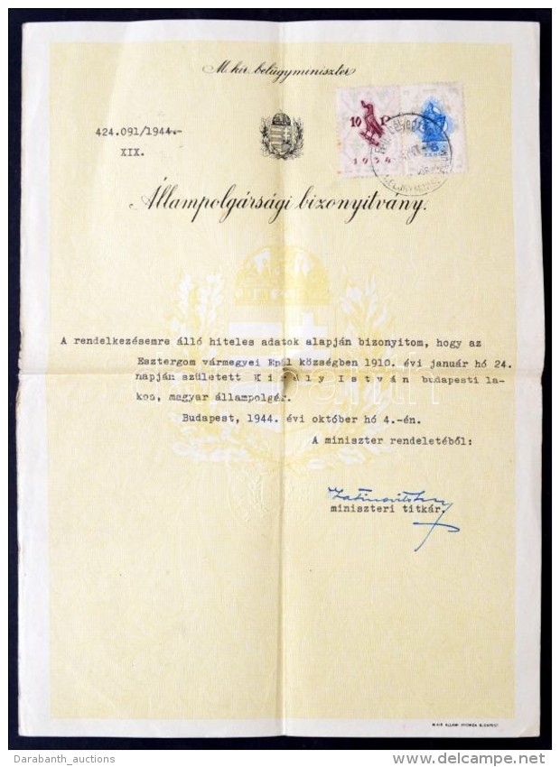 1944 Magyar állampolgársági Bizonyítvány Okmánybélyeggel, 28x24cm - Non Classés