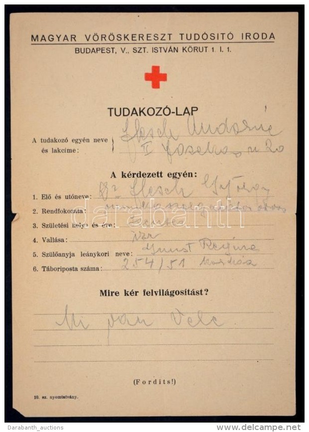 1943 Magyar Vöröskereszt Tudakozó-lap, Kitöltött. - Non Classés