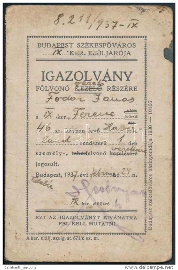 1937 Felvonó VezetÅ‘i Igazolvány - Non Classés