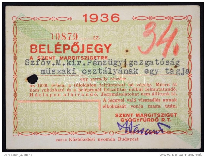 1936 Margitszigeti BelépÅ‘jegy - Non Classés