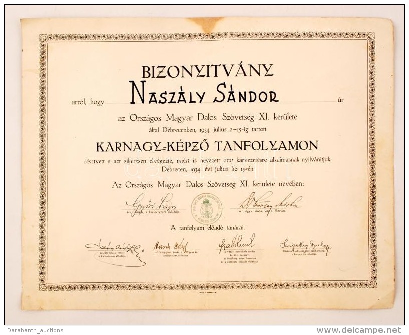 1934 Bizonyítvány Országos Magyar Dalos Szövetség Karnagy KépzÅ‘ Tanfolyam... - Non Classés