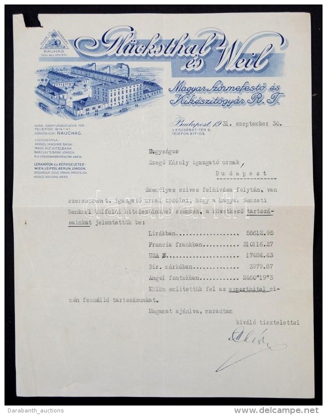 1931 Glücksthal és Weil SzÅ‘rmefestÅ‘ és KikészítÅ‘gyár Rt..... - Non Classés