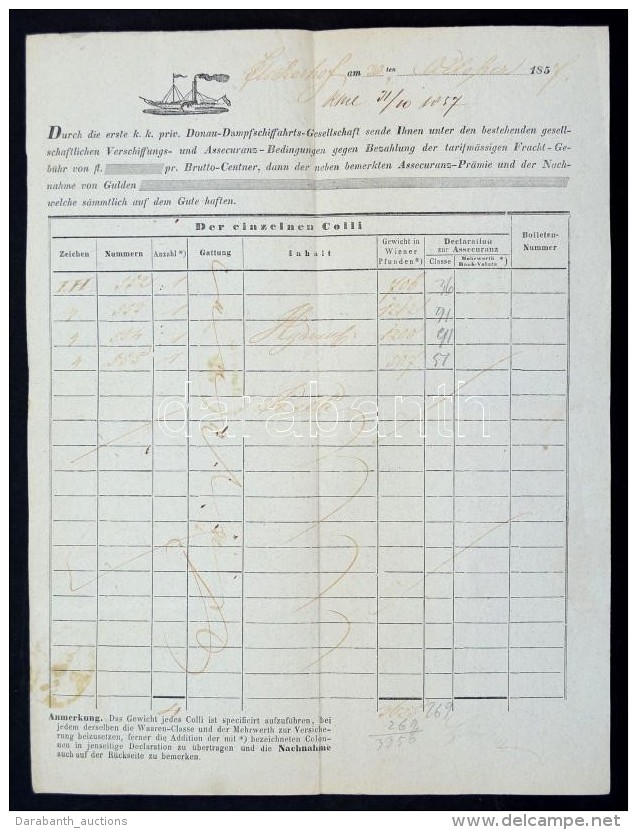 1857 Fischhof - Óbuda DDSG Fuvarlevél / DDSG Bill Of Freight. - Non Classés