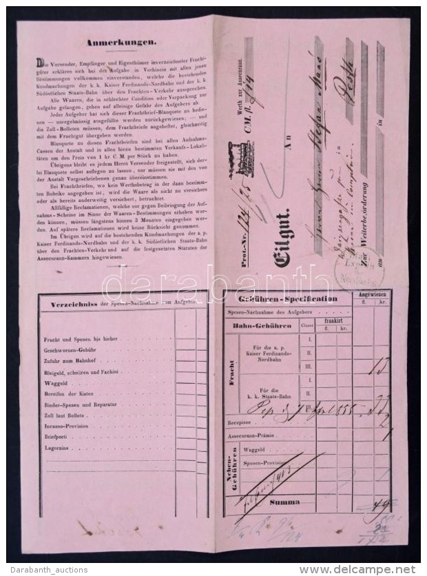 1855 Kaiser Ferdinands-Nodbahn Fuvarlevele, Díszes Fejléces Papíron, Német Nyelven./... - Non Classés