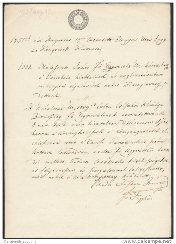 1851 30kr-os Szignettás Irat Egy JegyzÅ‘könyvi Kivonatról - Non Classés