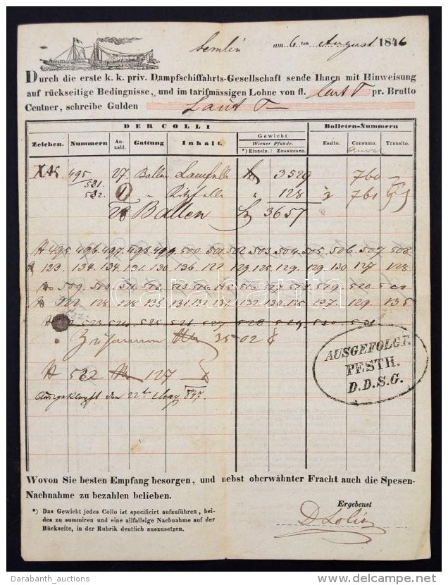 1846 Zimony-Pest  DDSG Fuvarlevél / DDSG Bill Of Freight. - Non Classés