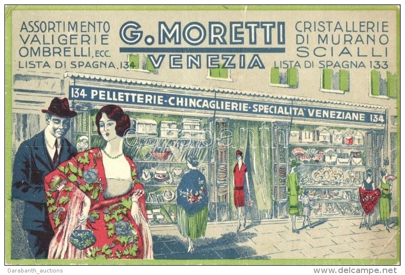 ** T2/T3 Venice, Venezia; G. Moretti's Leather Goods, Murano Glass, Venetian Shawls Shop, Advertisement Card (non... - Ohne Zuordnung