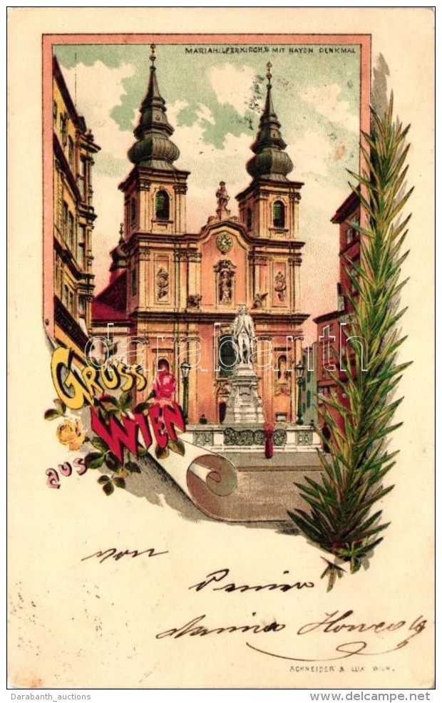 T2 1898 Vienna, Wien, Mariahilferkirche, Haydn Denkmal; Verlag Schneider &amp; Lux / Church, Litho - Non Classés