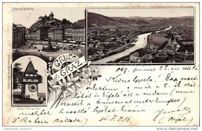 T2/T3 1897 Graz, Uhr-Thurm, Hauptplatz / Clock Tower, Main Square; Ottmar Zieher Litho - Non Classés