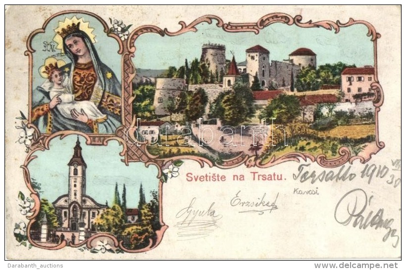 T2/T3 Fiume, Trsat, Tersatto; Kegytemplom, Vár, Kiadja Alois Wold / Church, Castle, Art Noiveau, Floral (fl) - Non Classés