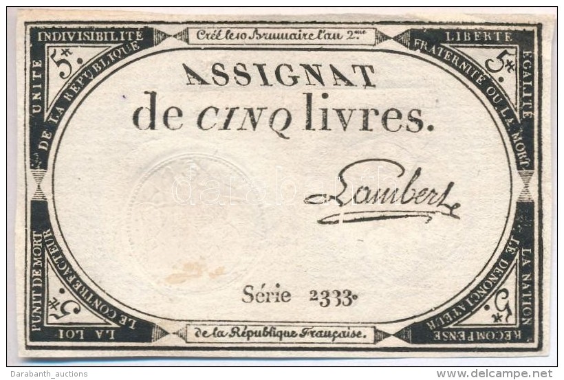 Franciaország 1793. 5L 'Assignata' T:III
France 1793. 5 Livres 'Assignat' C:F - Non Classés