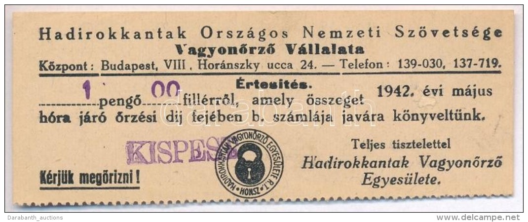 Kispest 1942. 1P értesítés 'Hadirokkantak Országos Nemzeti Szövetsége... - Non Classés