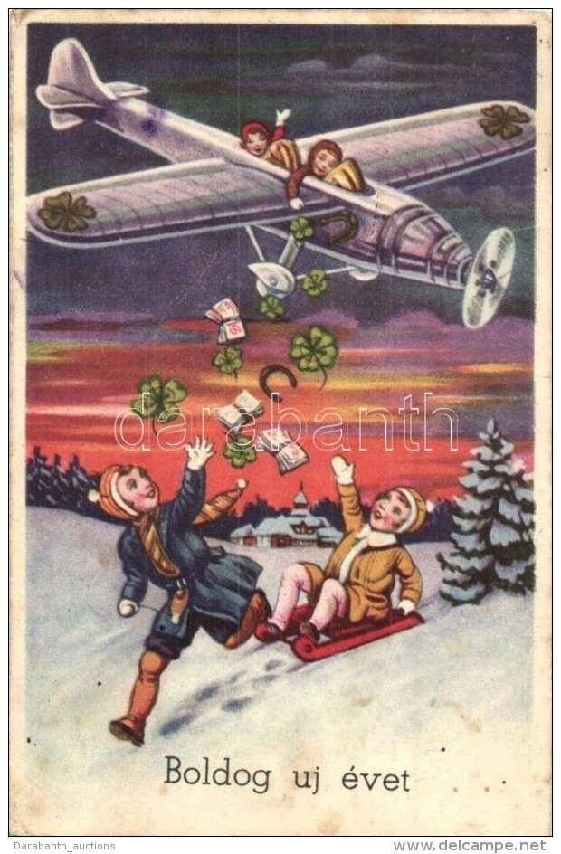 * T3 'Boldog új évet!' / New Year's Greeting Card, Children On An Airplane, Clovers, Horseshoe,... - Non Classés