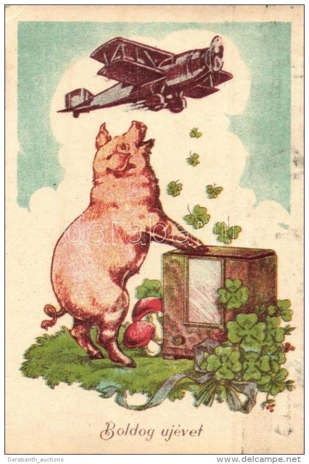 * T2/T3 'Boldog új évet!' / New Year's Greeting Card, Pig With Airplane, Clovers, Radio (EK) - Non Classés