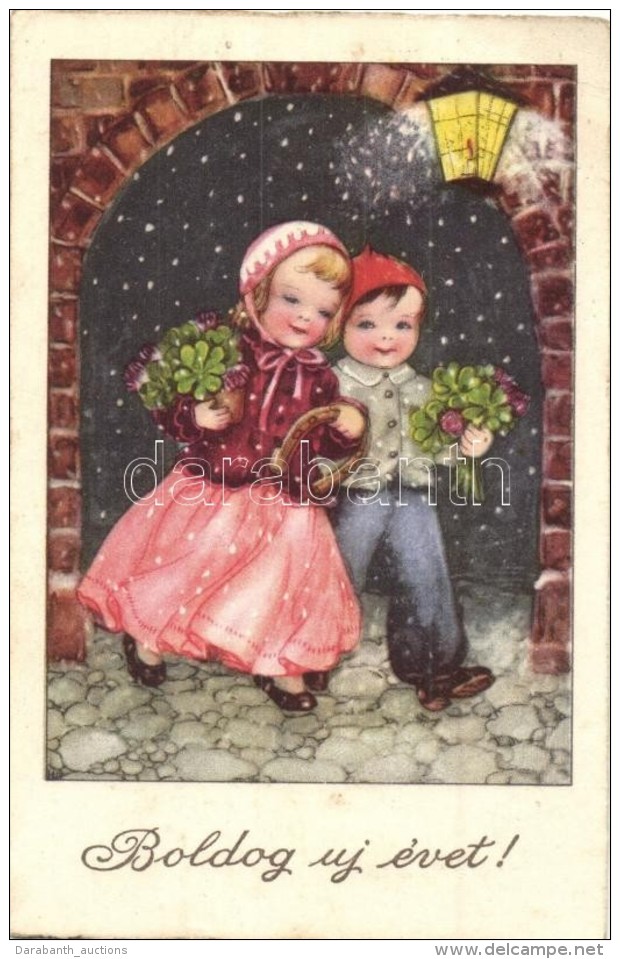 T2/T3 'Boldog új évet!' / New Year's Greeting Card, Children, Young Couple, Clovers, Horseshoe, EAS... - Non Classés