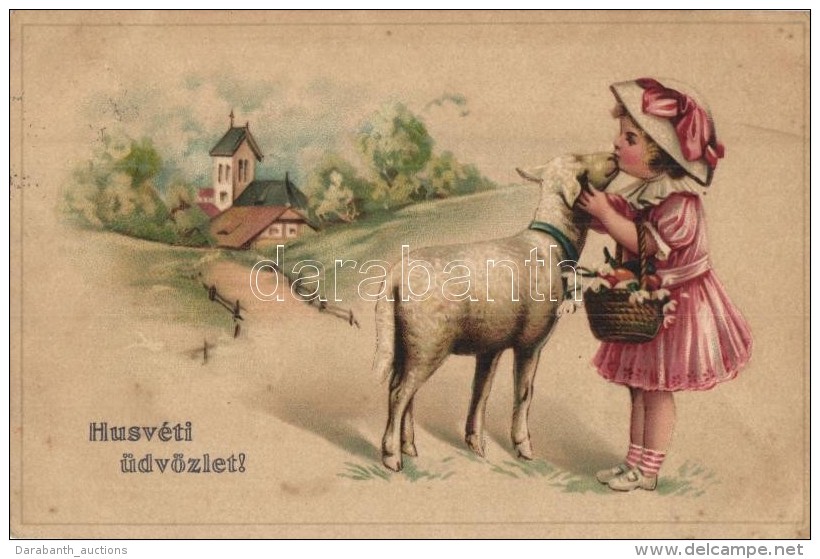 T2/T3 'Húsvéti üdvözlet' / Easter Greeting Card With Girl And Sheep, Litho (EK) - Non Classés